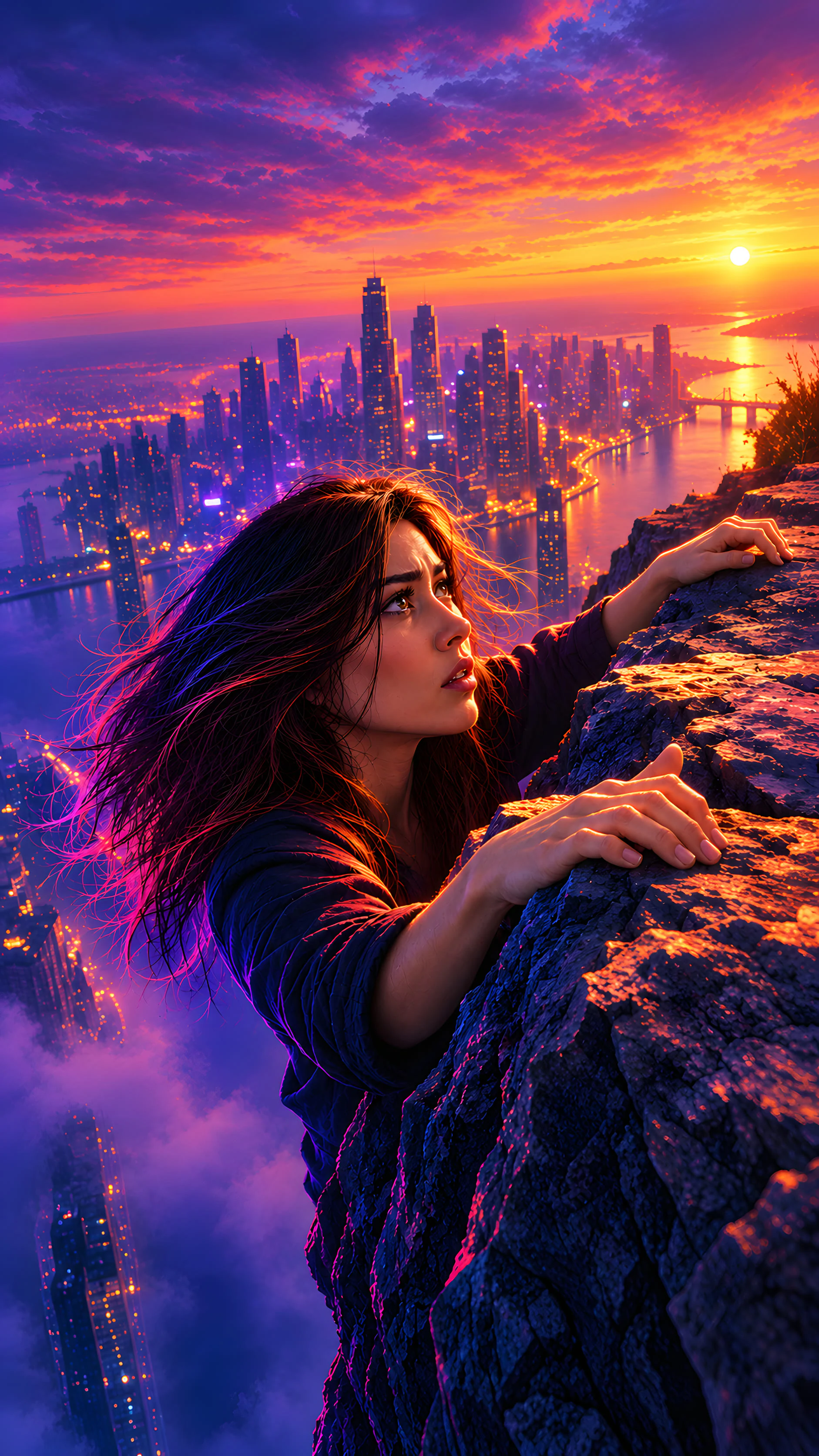 A woman at the edge of a rooftop above a city at dusk, the cold open of Cliffhanger