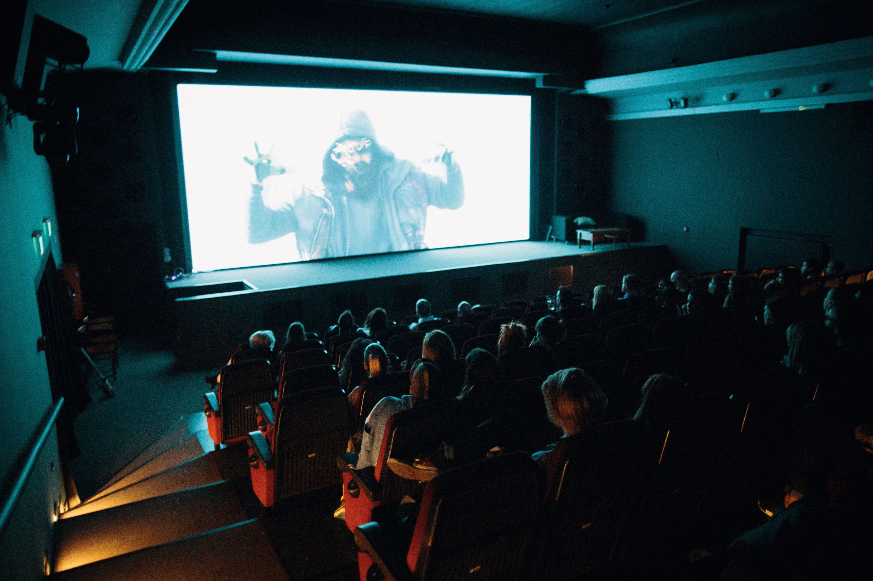 A cinema audience in the dark, facing the screen
